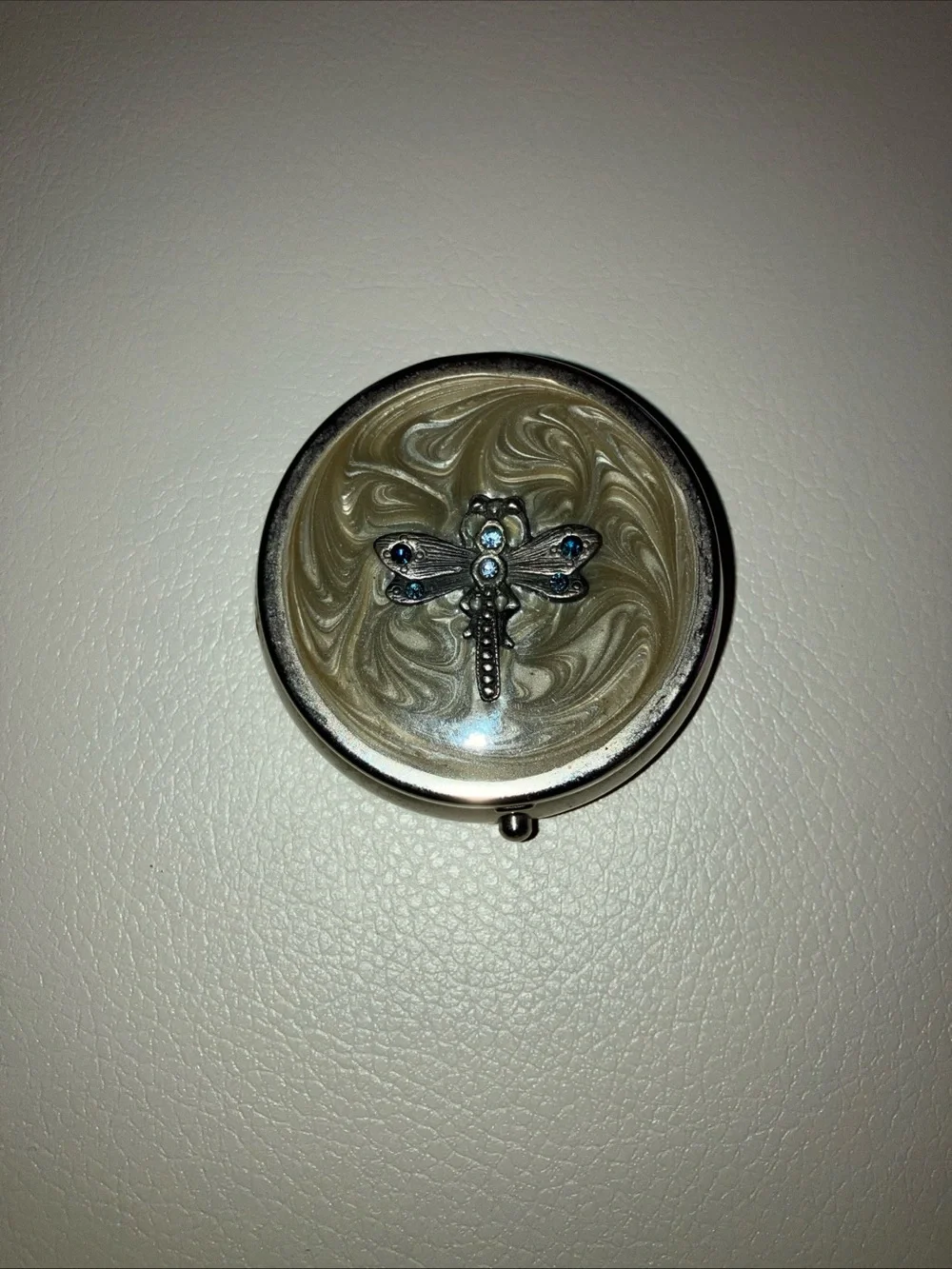 Dragonfly Accent Jewelry Pill Box - Silver and Cream Has Mirror